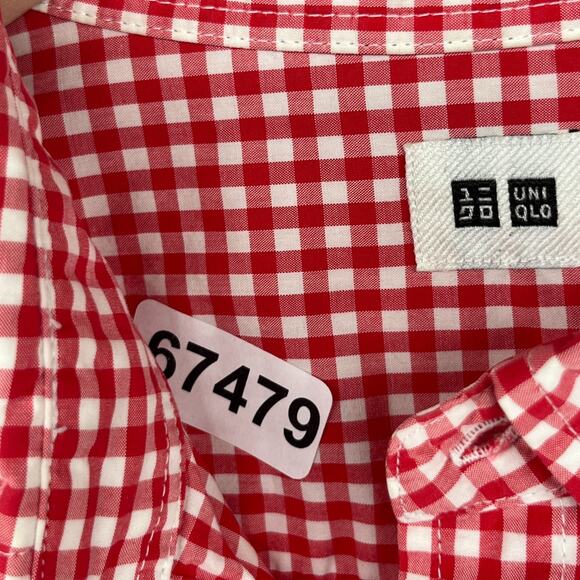 UNIQLO Shirt Mens L Gingham Check Button Up Long Sleeve Woven Cotton Red - Picture 15 of 15